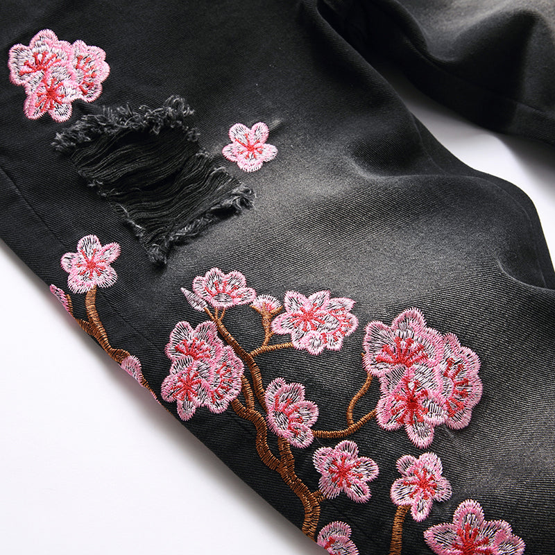 Mens Fashion Jeans Pink cherry blossom embroidered wide-leg pants 5710# Pure cotton high quality