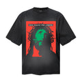 Saint Michael T Shirts Retro Acid Wash Black Tee Red-Green Contrast Religious Figure Text Front Graphic