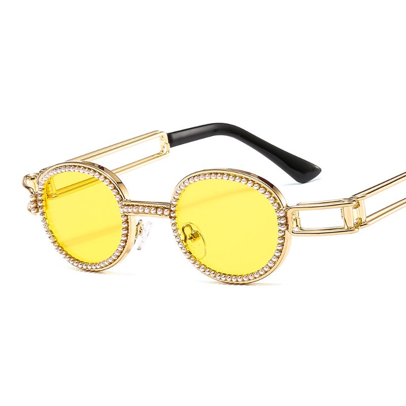 Trendy punk glasses small oval pearl uv protection