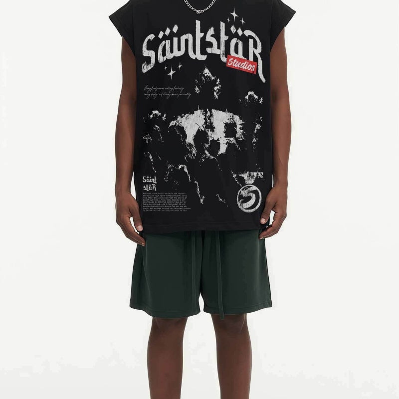 BIG FACE Drop-Shoulder Tank Top High-street vintage style featuring a small neckline, white-ink digital direct-to-garment (DTG) printing, and a heavy-duty, distressed wash finish; crafted from 260g double-yarn plain-knit fabric.
