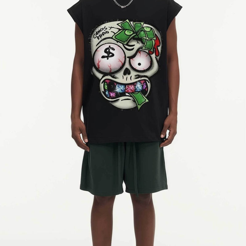 BIG FACE Drop-Shoulder Tank Top High-street vintage style featuring a small neckline, white-ink digital direct-to-garment (DTG) printing, and a heavy-duty, distressed wash finish; crafted from 260g double-yarn plain-knit fabric.