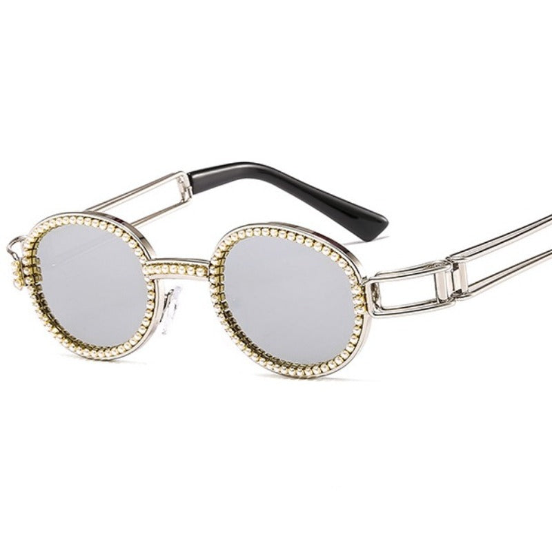 Trendy punk glasses small oval pearl uv protection