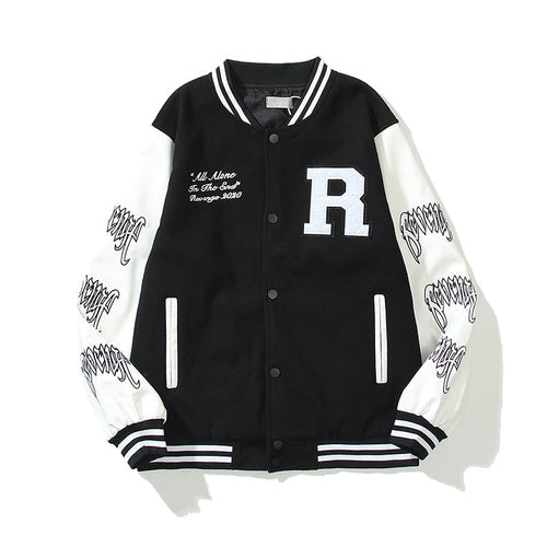 American-style baseball jacket Revenge Varsity Padded Jacket with Skull Embroidery and Leather Sleeves