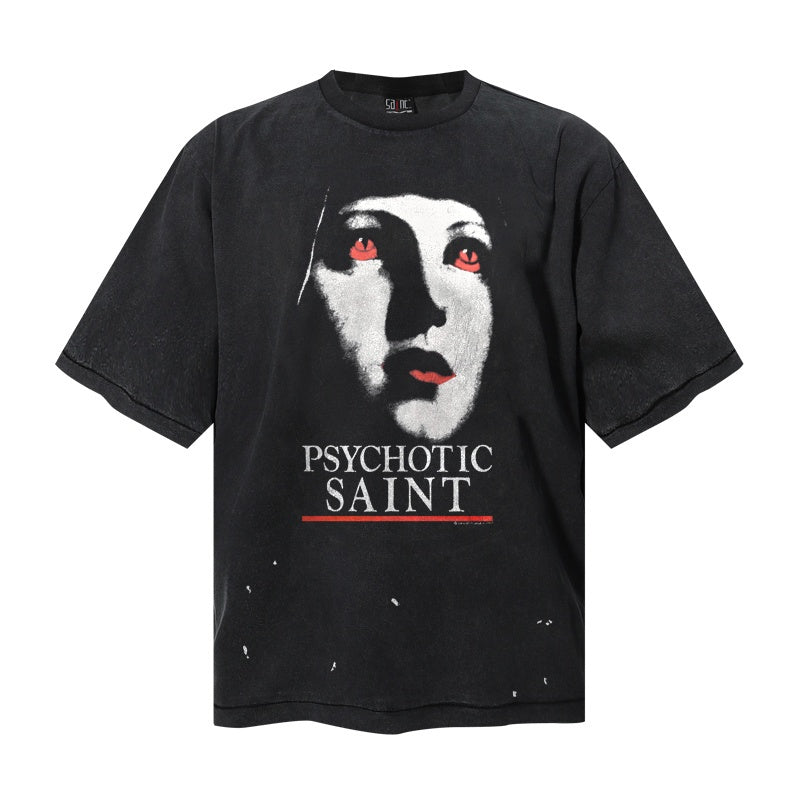 Saint Michael T Shirts Dark Gothic Aesthetic Monochrome Face Psychotic Saint Typography Motif