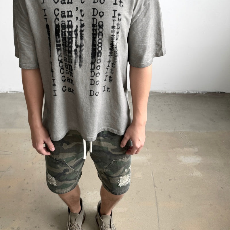Unisex Vintage T Shirts SAINT MICHAEL x CHO Omnipotent Limited Edition â€?High-Street Short-Sleeve Tee featuring Direct-to-Garment (DTG) white ink printing, heavy-duty distressed wash finish, and a unique cement-grey colorway.