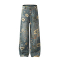 American-style streetwear harem pants Bohemian Floral Print Relaxed Fit Denim, Faded Retro Flower Trousers