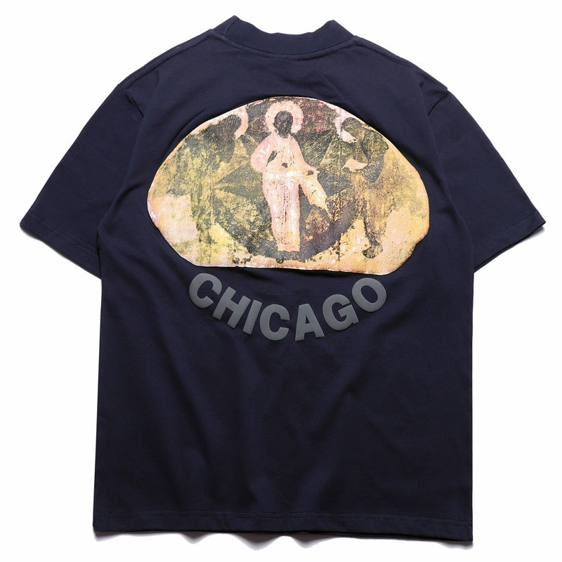 Mens T-shirt Vintage American-style Kanye-style oversized high-neck hip-hop tee featuring Three Gods puff print.