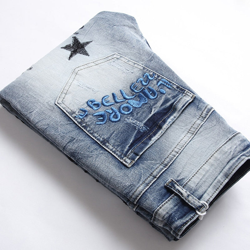 Mens Fashion Jeans Embroidered street graffiti 7118# Pure cotton high quality