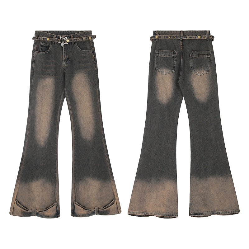American-style streetwear harem pants Hem Split Gradient Washed Streetwear Denim