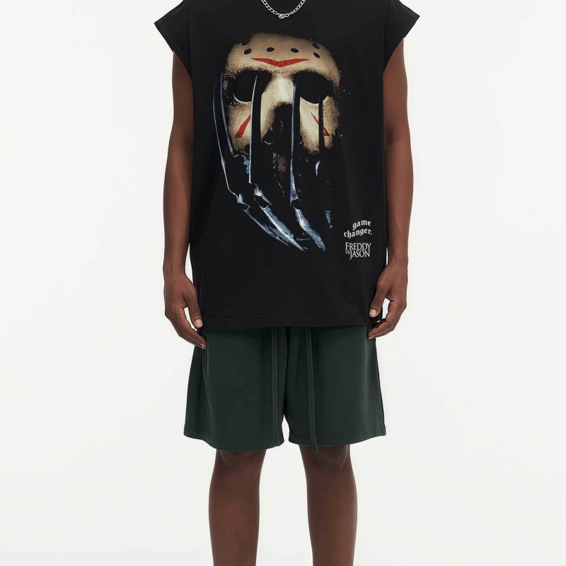 BIG FACE Drop-Shoulder Tank Top High-street vintage style featuring a small neckline, white-ink digital direct-to-garment (DTG) printing, and a heavy-duty, distressed wash finish; crafted from 260g double-yarn plain-knit fabric.