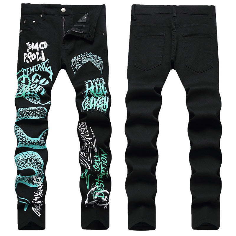 Mens Fashion Jeans Green Snake Street Graffiti 5705# Pure cotton high quality