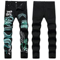Mens Fashion Jeans Green Snake Street Graffiti 5705# Pure cotton high quality
