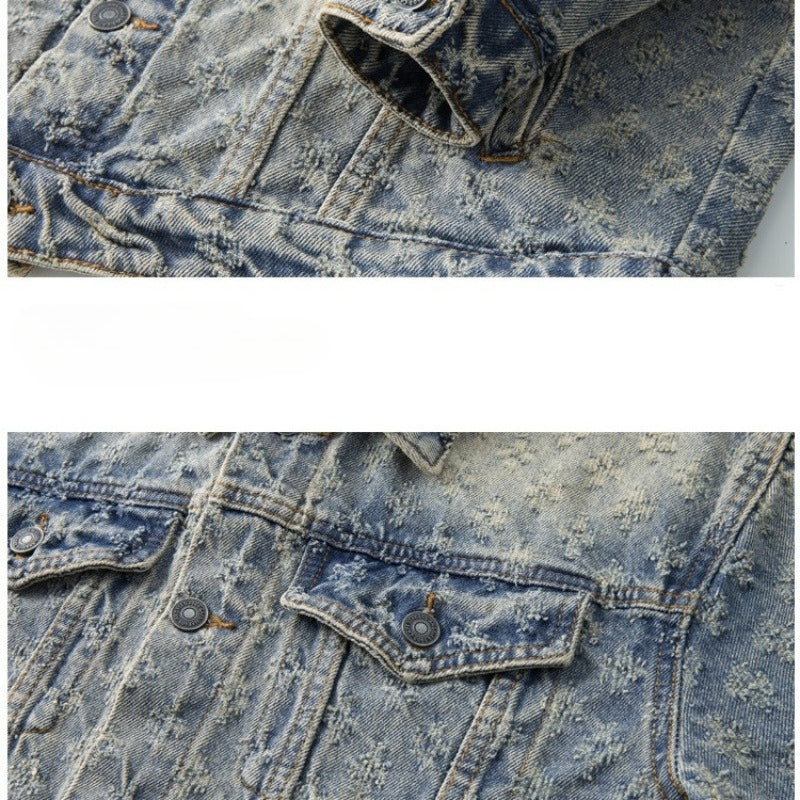 Denim Jacket & Jeans High-Street Trend Y2K Streetwear Jacket Vintage Yellow Mud Acid Wash Casual Denim Trucker Coat Loose Fit Outerwear (jacket and jeans must be purchased separately.)
