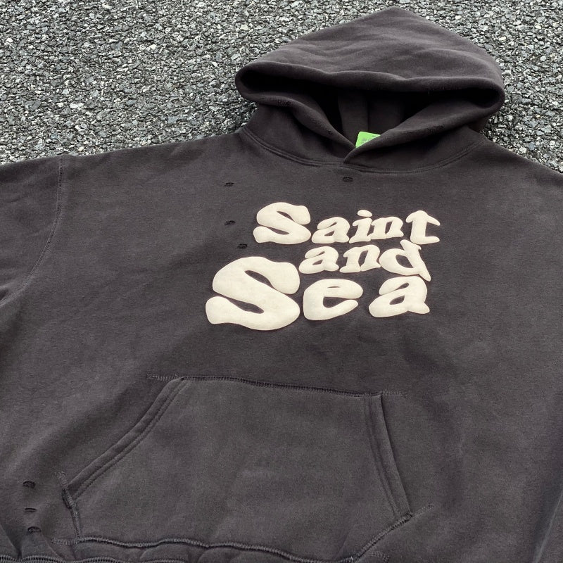 Unisex Vintage Hoodie Saint Michael Saint & Sea American Vintage-Style Hoodie with Puff-Print Graffiti Graphics