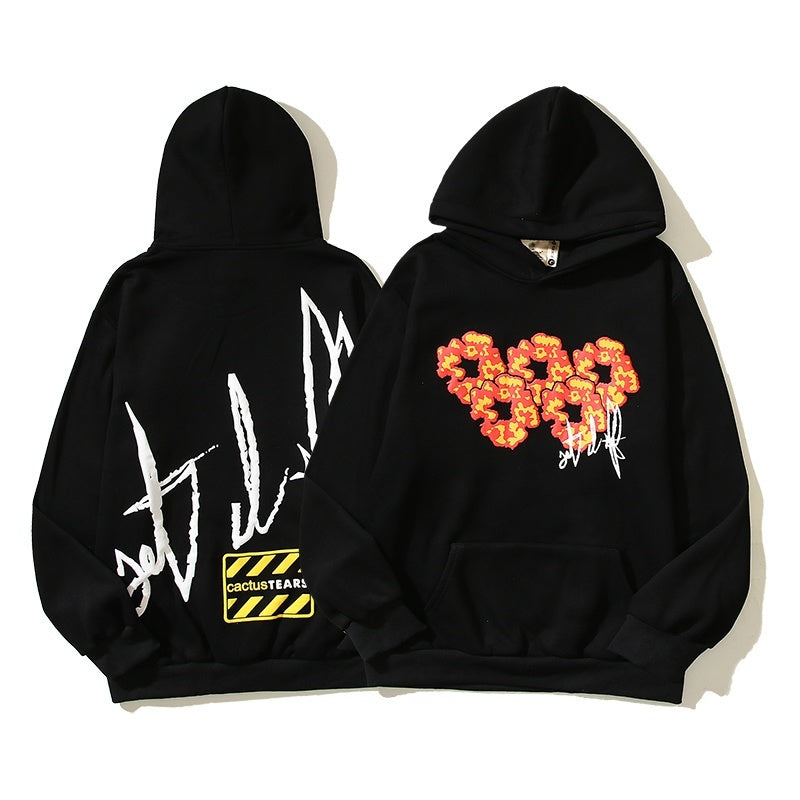 Denim Tears Hoodie Y2K Cactus Tears Caution Sign Graffiti Printed Oversized Hoodie