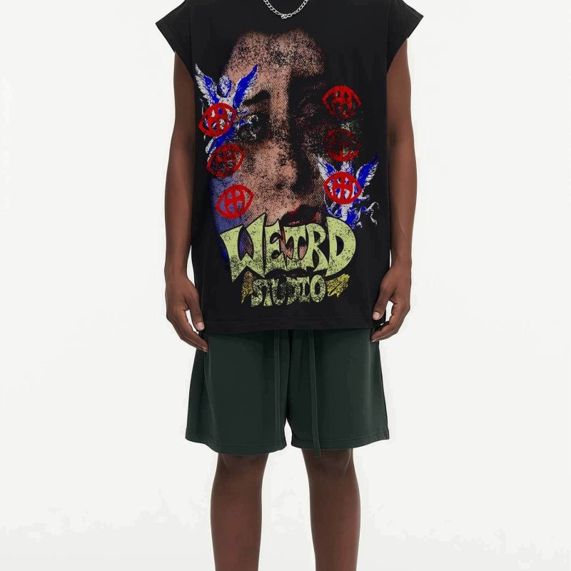 BIG FACE Drop-Shoulder Tank Top High-street vintage style featuring a small neckline, white-ink digital direct-to-garment (DTG) printing, and a heavy-duty, distressed wash finish; crafted from 260g double-yarn plain-knit fabric.