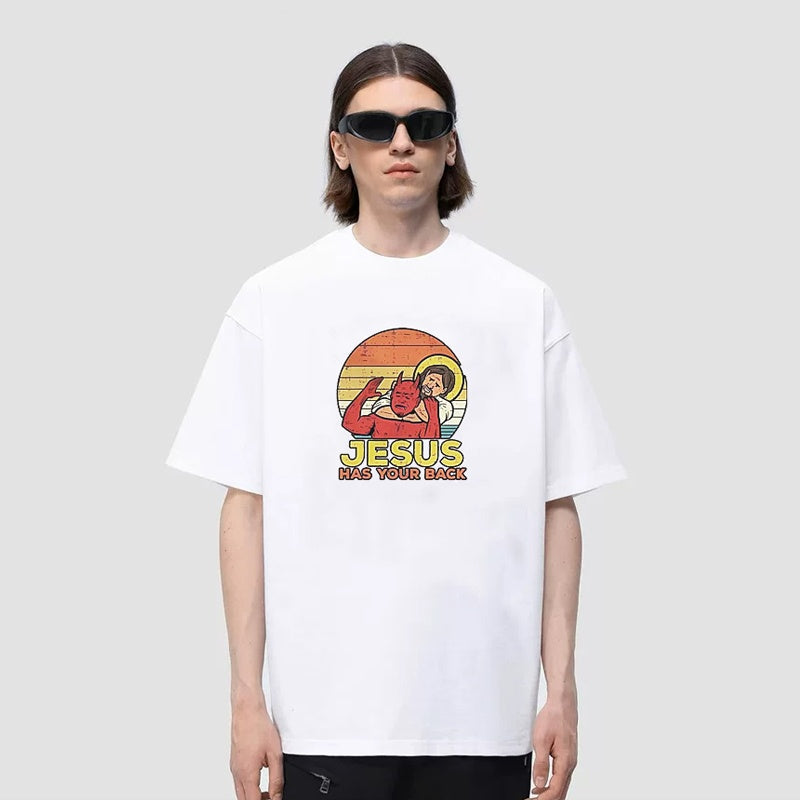 Mens T-shirt Vintage American-style Quirky and playful—God is right behind you.