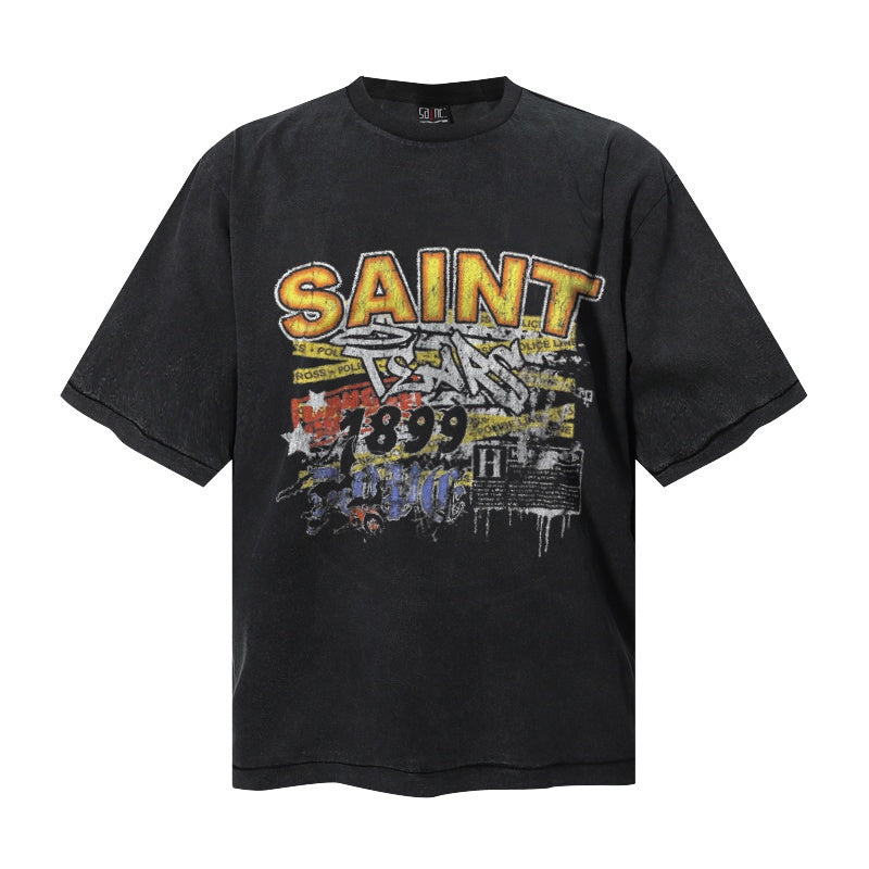 Saint Michael T Shirts Grunge Dripping Paint Star Accent Saint 1899 Layered Typography Ches