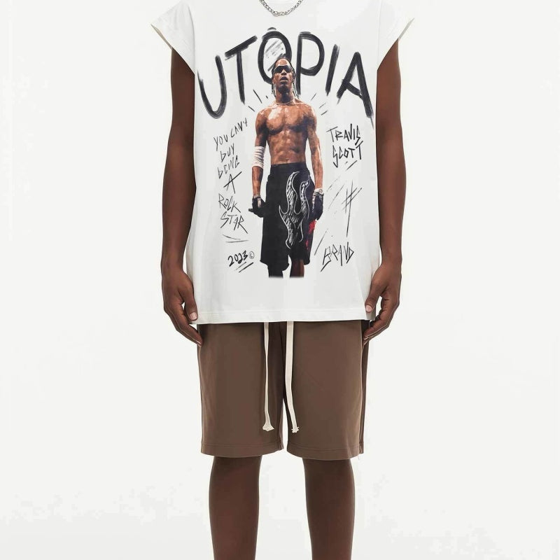 BIG FACE Drop-Shoulder Tank Top High-street vintage style featuring a small neckline, white-ink digital direct-to-garment (DTG) printing, and a heavy-duty, distressed wash finish; crafted from 260g double-yarn plain-knit fabric.