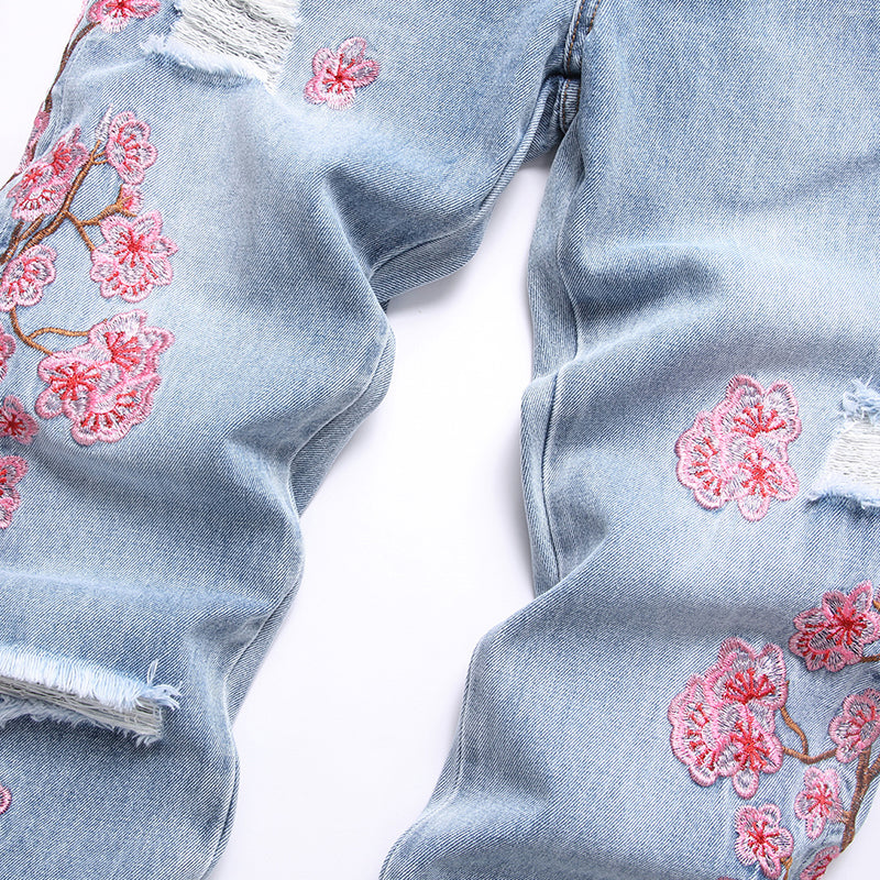 Mens Fashion Jeans Pink cherry blossom embroidered wide-leg pants 5711# Pure cotton high quality