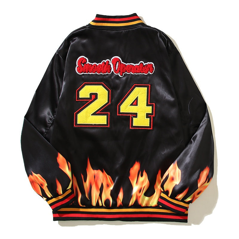 American-style baseball jacket Trending Vintage-Style Sports Sweatshirt: NBA-Inspired Flame Print & Retro Towel Embroidery