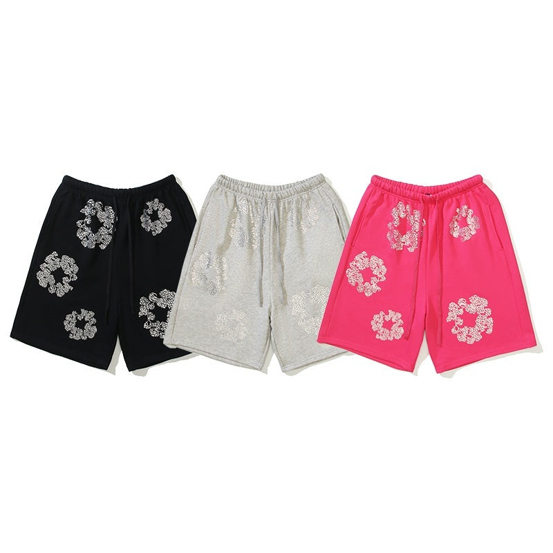 Denim Tears Shorts Cotton Bling Flower Wreath Graphic Oversized Drawstring