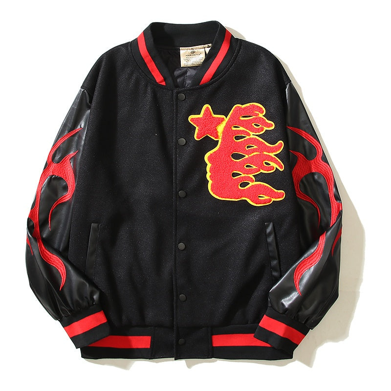 American-style baseball jacket High-street style HELL tiger-motif varsity jacket featuring color-blocking, contrast paneling, and embroidery—an Instagram-trending design.