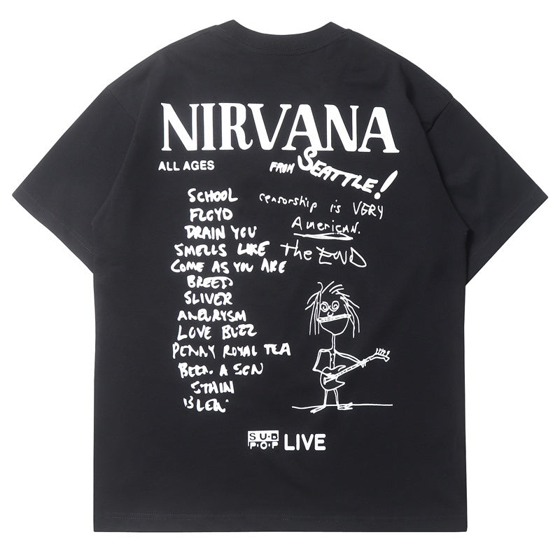 Mens T-shirt Vintage American-style trendy brand vintage rock Nirvana hand-drawn graffiti design