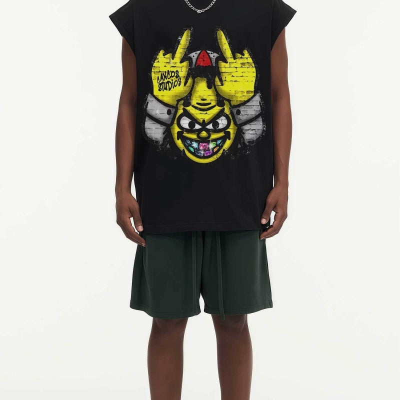 BIG FACE Drop-Shoulder Tank Top High-street vintage style featuring a small neckline, white-ink digital direct-to-garment (DTG) printing, and a heavy-duty, distressed wash finish; crafted from 260g double-yarn plain-knit fabric.