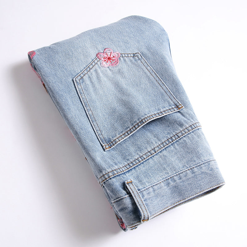 Mens Fashion Jeans Pink cherry blossom embroidered wide-leg pants 5711# Pure cotton high quality