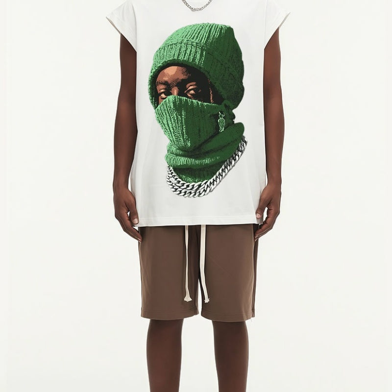 BIG FACE Drop-Shoulder Tank Top High-street vintage style featuring a small neckline, white-ink digital direct-to-garment (DTG) printing, and a heavy-duty, distressed wash finish; crafted from 260g double-yarn plain-knit fabric.