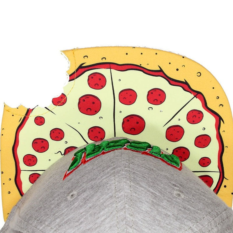 Trendy flat brimmed snapback hatsnotched gray pizza pizza