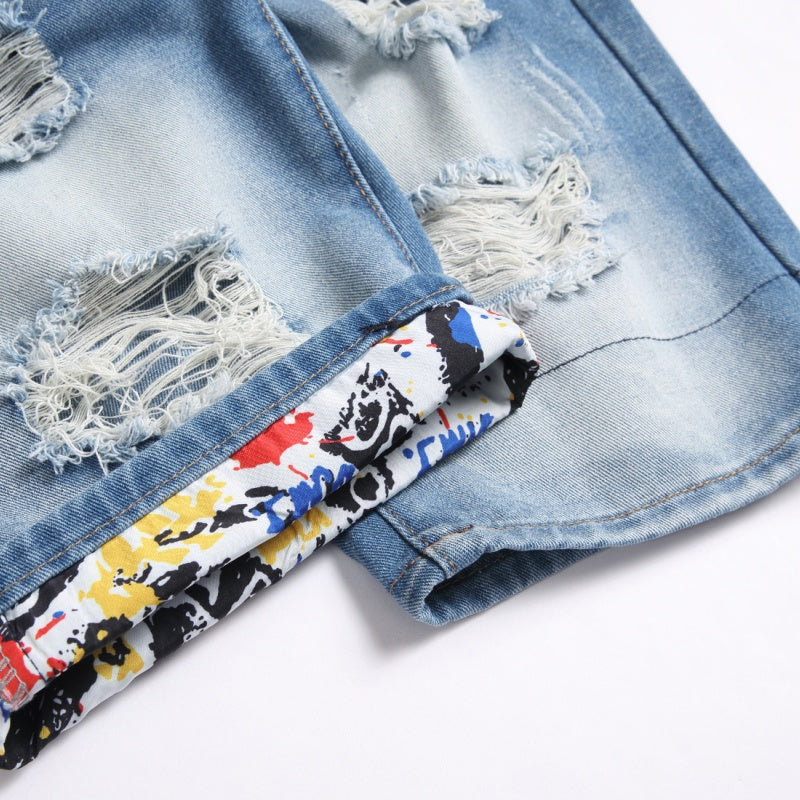 Denim shorts High-quality trendy Distressed with holes casual pure cotton Non-stretch plus-size men's clothing