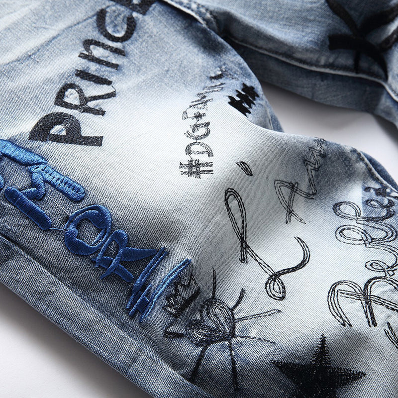 Mens Fashion Jeans Embroidered street graffiti 7118# Pure cotton high quality