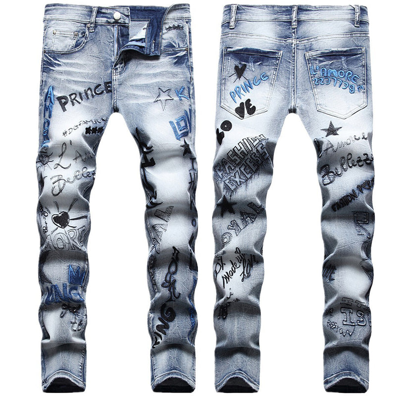 Mens Fashion Jeans Embroidered street graffiti 7118# Pure cotton high quality