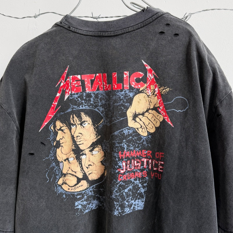 Unisex Vintage T Shirts Saint × BerBerJin × Metallica three-way collaboration washed short-sleeve tee. Features vintage single-stitch construction, heavy enzyme-wash finish, and distressed cut-and-tear detailing across multiple areas.
