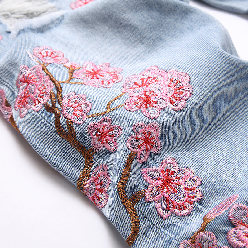 Mens Fashion Jeans Pink cherry blossom embroidered wide-leg pants 5711# Pure cotton high quality