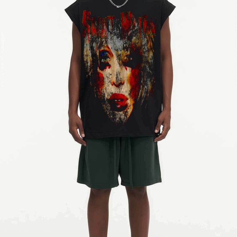 BIG FACE Drop-Shoulder Tank Top High-street vintage style featuring a small neckline, white-ink digital direct-to-garment (DTG) printing, and a heavy-duty, distressed wash finish; crafted from 260g double-yarn plain-knit fabric.
