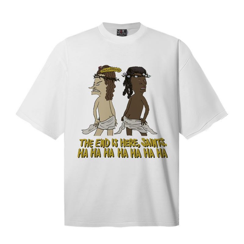 Saint Michael T Shirts Cartoon Two Jesus Figures THE END IS HERE SAINTS White Tee Graphic