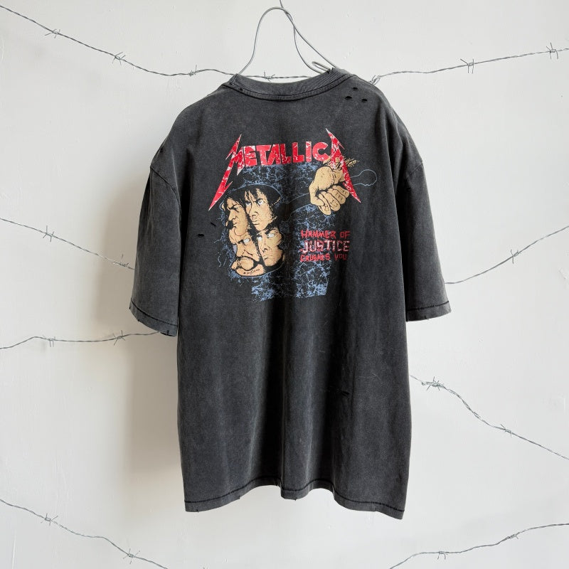 Unisex Vintage T Shirts Saint × BerBerJin × Metallica three-way collaboration washed short-sleeve tee. Features vintage single-stitch construction, heavy enzyme-wash finish, and distressed cut-and-tear detailing across multiple areas.