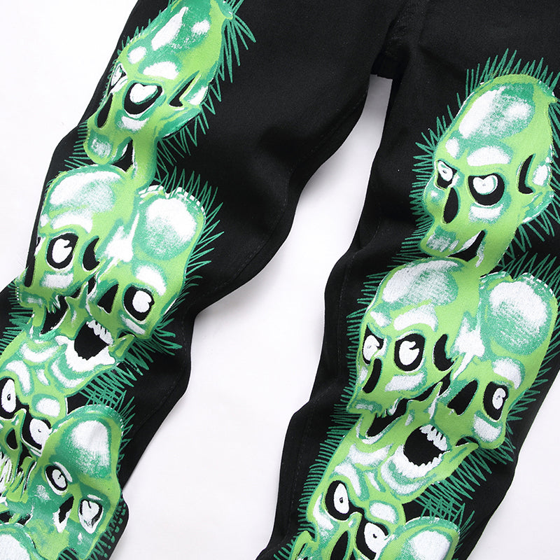 Mens Fashion Jeans Green glowing skull 5709# Pure cotton high quality