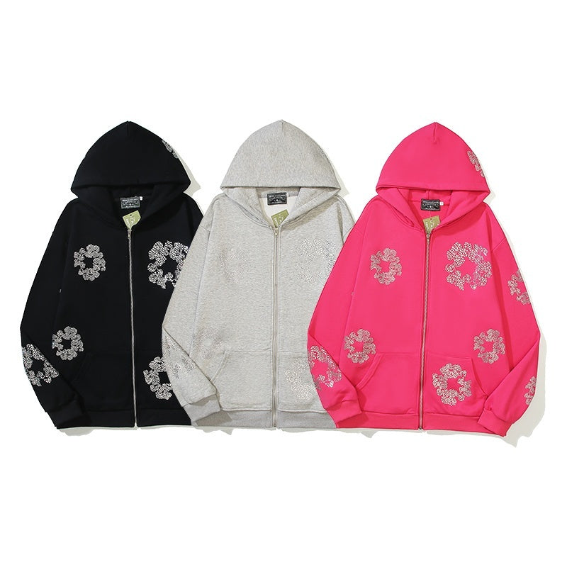 Denim Tears Hoodie Fleece Bling Rhinestone Flower Wreath Graphic Oversized Zip-Up Hooded