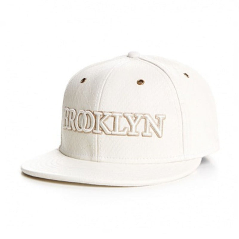 Trendy flat brimmed snapback hatsleather brooklynletter