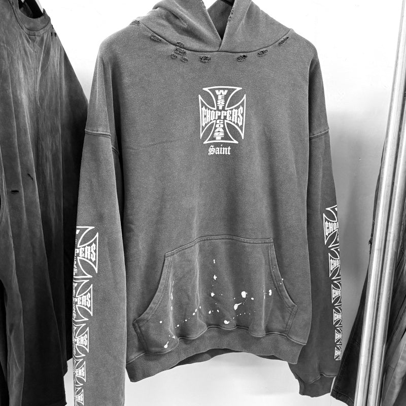 Unisex Vintage Hoodie Limited-edition distressed hooded sweatshirt featuring multi-zone handcrafted distressing details and a heavyweight fabric with an enzyme-washed, faded finish.