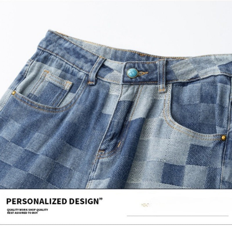 Denim Jacket & Jeans High-Street Trend Streetwear Jacket Vintage Blue Washed Grid Graphic Turquoise Button Casual Denim Outerwear (jacket and jeans must be purchased separately.)