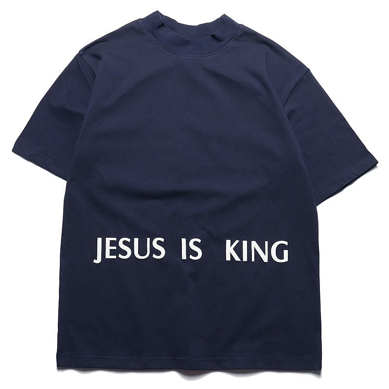 Mens T-shirt Vintage American-style Kanye-style oversized high-neck hip-hop tee featuring Three Gods puff print.
