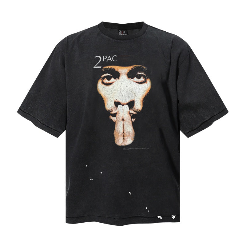 Saint Michael T Shirts Vintage 2PAC Portrait Distressed Washed Black Tee Graphic