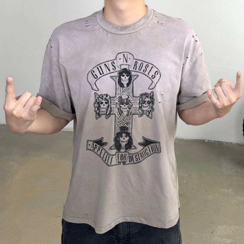 Unisex Vintage T Shirts Saint X Guns N' Roses Collaboration: Heavyweight 280g fabric (post-wash weight); vintage single-stitch construction with blind-stitch hems; heavy-duty garment processing featuring spray-on whiskering, enzyme-abrasion wash, and