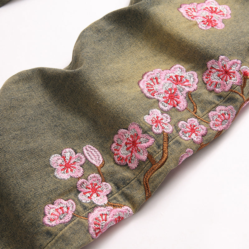 Mens Fashion Jeans Pink cherry blossom embroidery 5719# Pure cotton high quality