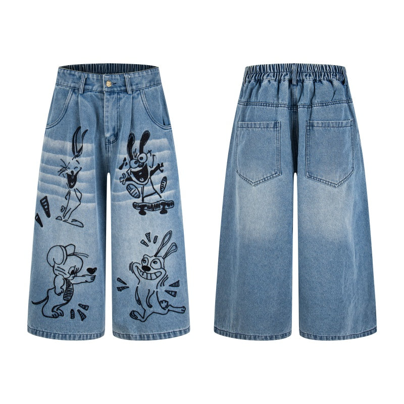 Street-style vintage Cropped trousers Retro Casual Harajuku Style Straight-Leg Denim Trousers with Cute Sketch Character Prints